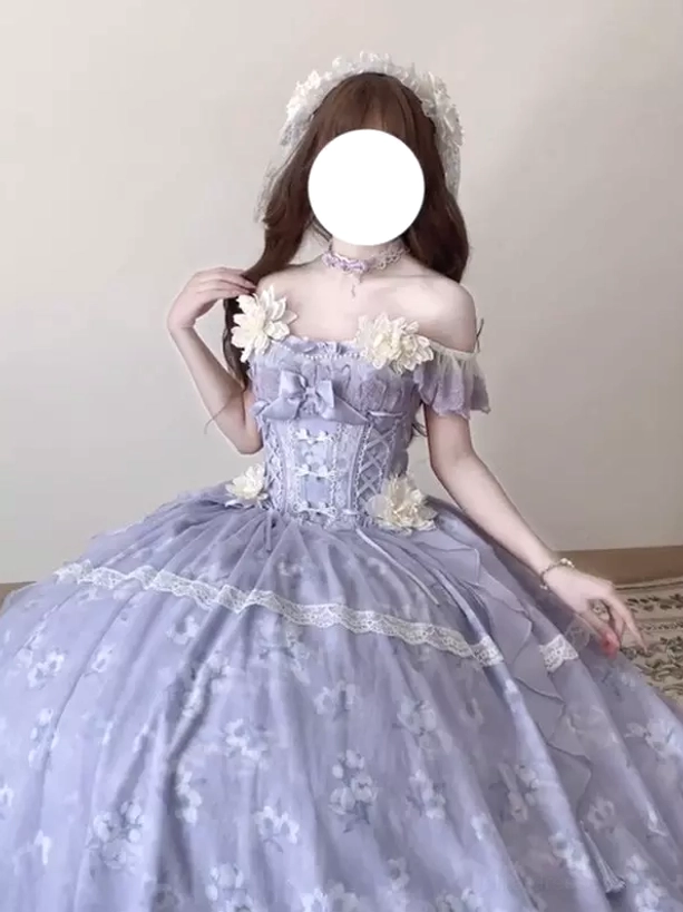 Enchanted garden sweet lolita ball gown styling guide showing off-shoulder design, bow accent, tiered floral tulle skirt, and lace-trimmed silhouette for fairy dress aesthetic
