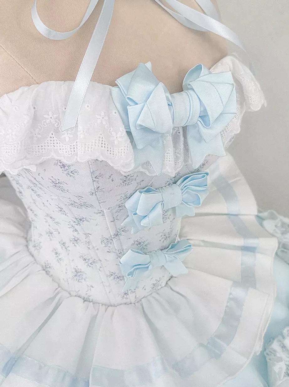 Sweet lolita ballet dress full styling ensemble showcasing complete two-piece set tiered ruffles bows romantic fairy tale themed fashion