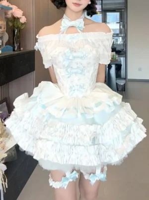 Sweet lolita ballet dress set on model half body front view showcasing off-shoulder design bow necktie layered ruffled tulle skirt indoor home styling