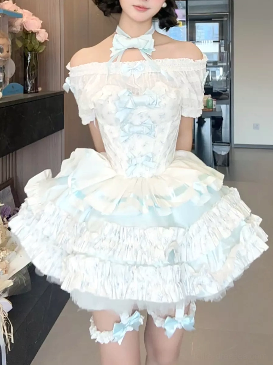 Sweet lolita ballet dress set on model half body front view showcasing off-shoulder design bow necktie layered ruffled tulle skirt indoor home styling