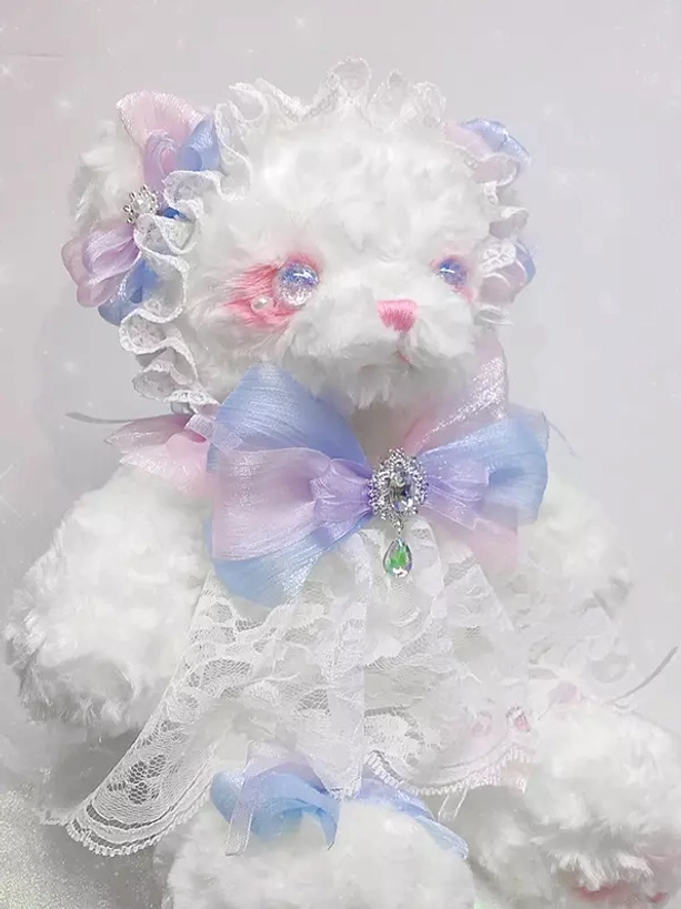 Sweet Lolita bear bag right side view displaying lace apron ear flower ornaments hanging gem bow decoration white plush
