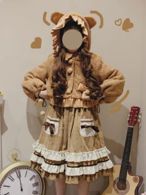 Sweet lolita bear ear fuzzy coat coffee brown sherpa overcoat front view full body coordinate with ruffled skirt indoor studio