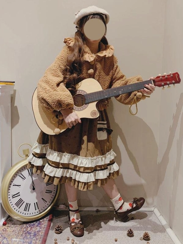 Sweet lolita bear ear fuzzy overcoat coffee brown with decorative chest bow and ruffled skirt indoor studio setting with guitar prop