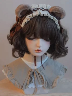 Sweet lolita bear ear headband front view on mannequin with brown plush ears beige lace trim and brown ribbon bow decoration