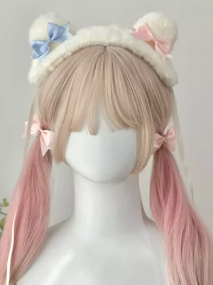 Sweet Lolita bear ear headdress with cream white fuzzy base and blue pink bow accents displayed on mannequin with twin ponytails