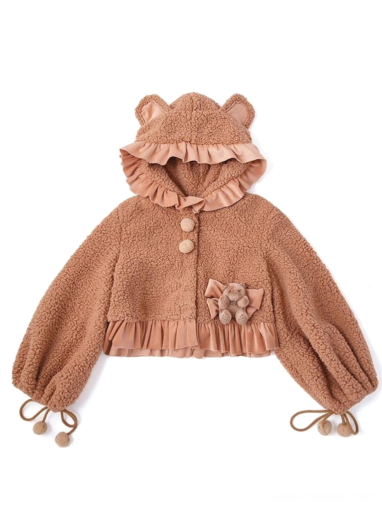 Sweet lolita cropped bear fuzzy coat flat lay coffee brown front view showing bear ear hood pom-pom cuffs chest bow ball buttons