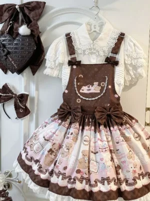 Coffee brown bear print sweet lolita pinafore dress with white lace blouse, tiered ruffled skirt, large waist bows, and polka dot bodice details displayed on dress form