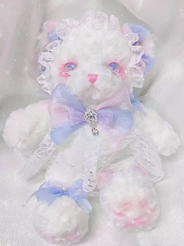 Sweet Lolita bear white crossbody bag front view with layered white lace ruffles rhinestone bow embellishments plush fabric soft aesthetic