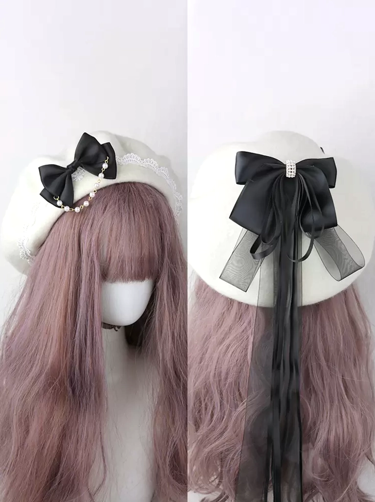 Sweet lolita beret fashion styling detail close-up satin bow ruffles rhinestone embellishments
