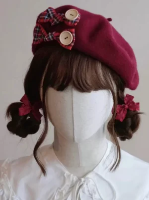 sweet lolita wool beret with red tartan plaid bow and wooden buttons front view