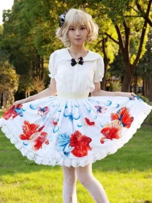 Sweet lolita skirt with betta fish print front full-body view outdoor park white blouse ruffled hem