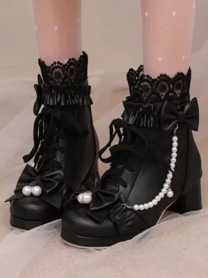 Sweet lolita black ankle boots with pearl chain bow embellishments front overhead view double feet sheer socks lace collar