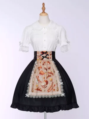 Sweet Lolita black tea party skirt with detachable bakery print apron front view on mannequin showing ruffled hem and high waist