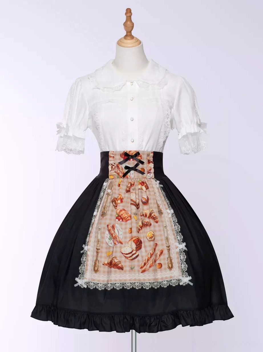Sweet Lolita black tea party skirt with detachable bakery print apron front view on mannequin showing ruffled hem and high waist