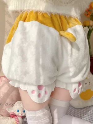 Corgi-inspired sweet lolita bloomers rear standing full view white fleece yellow back trim cute tail paw print hem details thigh highs