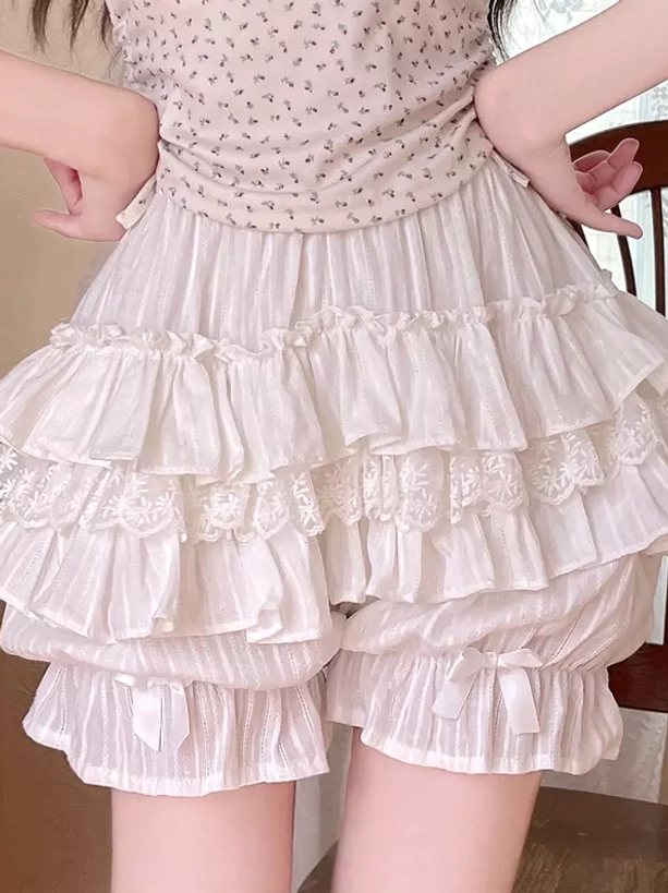 Sweet lolita bloomers essential safety shorts pumpkin silhouette with tiered ruffles decorative bowknots and elastic waist design