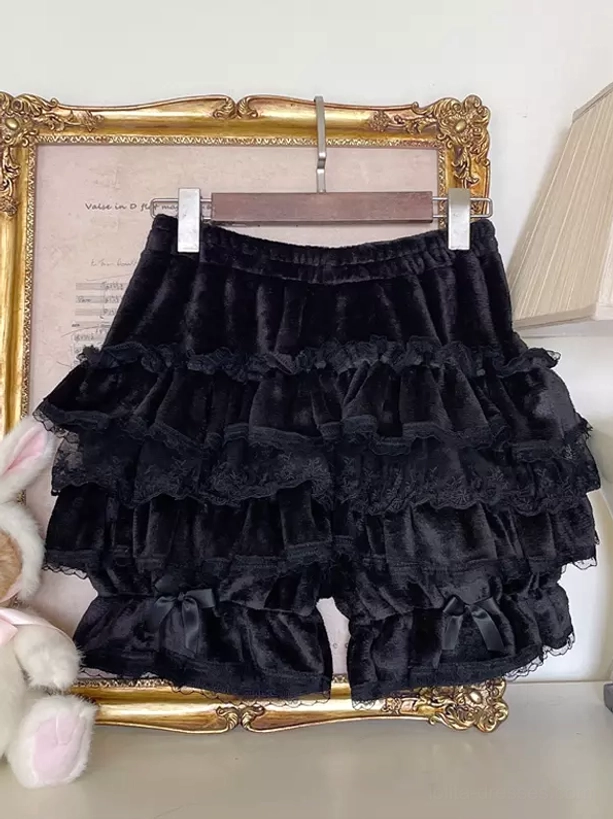 Sweet Lolita bloomers collection color options including white and pink ruffled designs with lace trim, velvet fabric, and decorative bows for Rococo-inspired coordinates