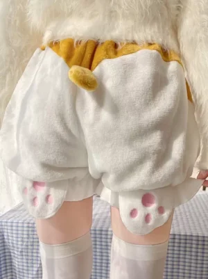 Sweet lolita bloomers rear close-up view white fleece ruffled hem yellow waistband accent cute tail decoration paw print patch details
