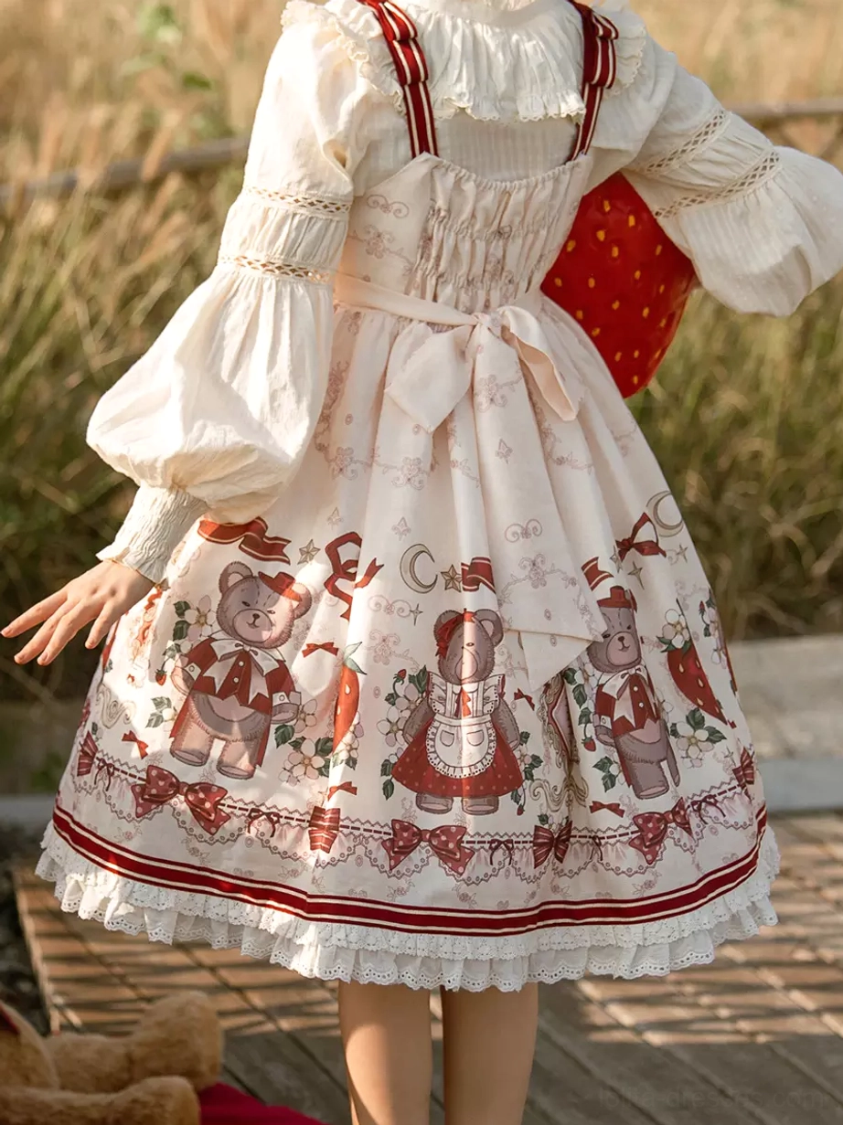 Sweet lolita blouse dress back view wooden deck lace-up waist sash printed skirt pattern