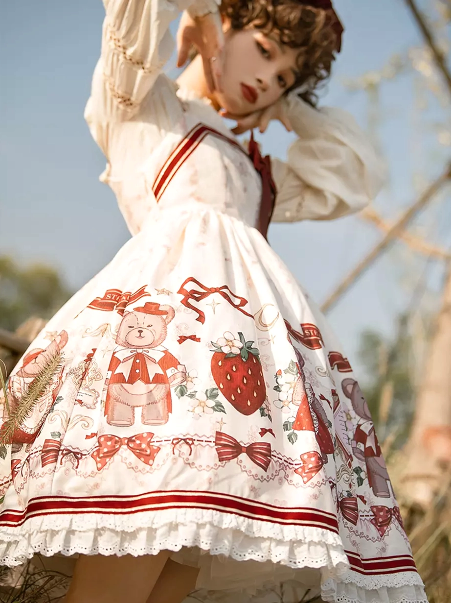 Sweet lolita blouse dress low front angle sunny field puff sleeves red bodice stripes ruffled hem