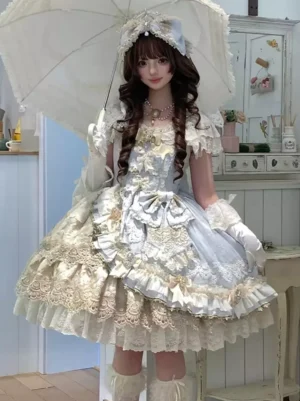 Sweet Lolita Blue Ball Gown Full Body Styling with White Parasol and Lace Accessories