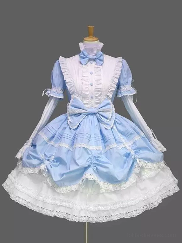 Sweet Lolita dress front view blue white color bow necktie layered lace skirt dual-style sleeves