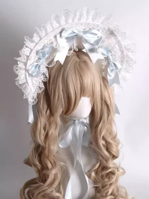 Sweet Lolita bonnet headwear three-quarter angle view showing adjustable neck fastening strap and delicate lace frills