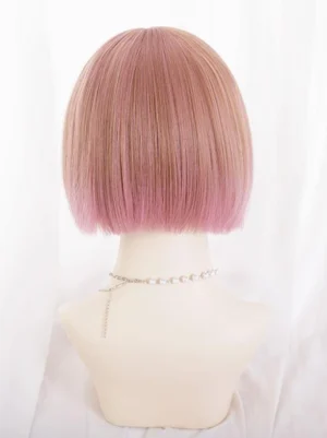 Back view short bob lolita wig showing neat hair at nape with pearl chain necklace and smooth straight texture