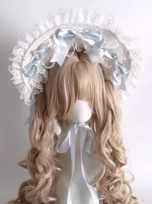 Sweet Lolita blue and white bonnet headdress with ruffled lace trim and light blue satin bows front view on mannequin