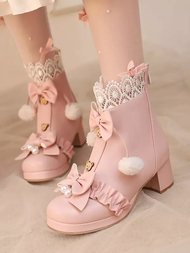 Sweet Lolita boots multi-color collection showcase featuring white, black and pink PU leather ankle boots with chunky block heels, decorative bows and pom-pom trim details