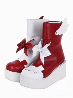 Opposite side view of red and white lolita boots showing mirror butterfly and wing embellishments with matching bow detail and rounded toe design