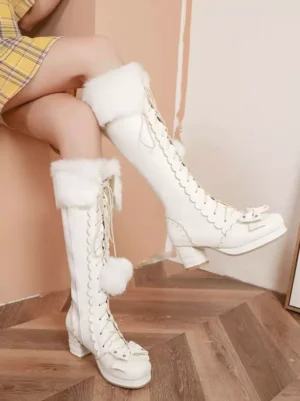 Sweet lolita platform boots white faux fur collar lace-up pom pom bow details side rear three-quarter view yellow plaid dress