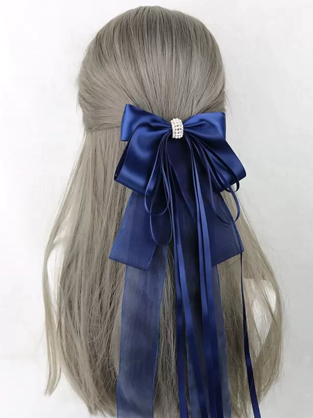 Sweet lolita satin bow hair clip collection detail shot showcasing rhinestone embellishment quality and ribbon texture variations