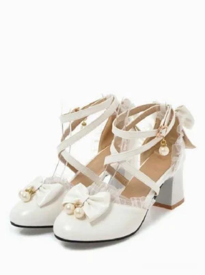 Sweet Lolita PU leather bow pumps with pearl pendant front three-quarter view showcasing cross ankle straps and block heel on white background