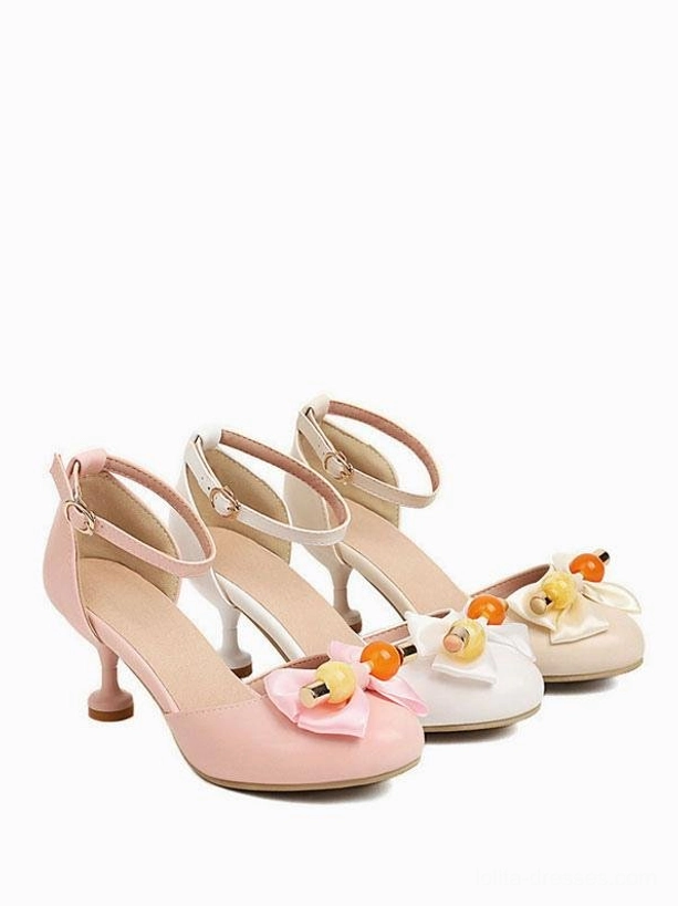 Sweet Lolita sandal collection multi-item display showing three color variants including ecru white and pink kitten heel sandals with matching bow beads and ankle straps