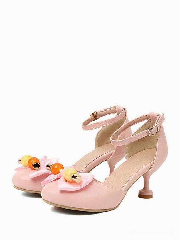 Pink Sweet Lolita bow sandals with round toe and kitten heel, front paired display showing pink PU upper with fruit-bead adorned bow and ankle buckle strap