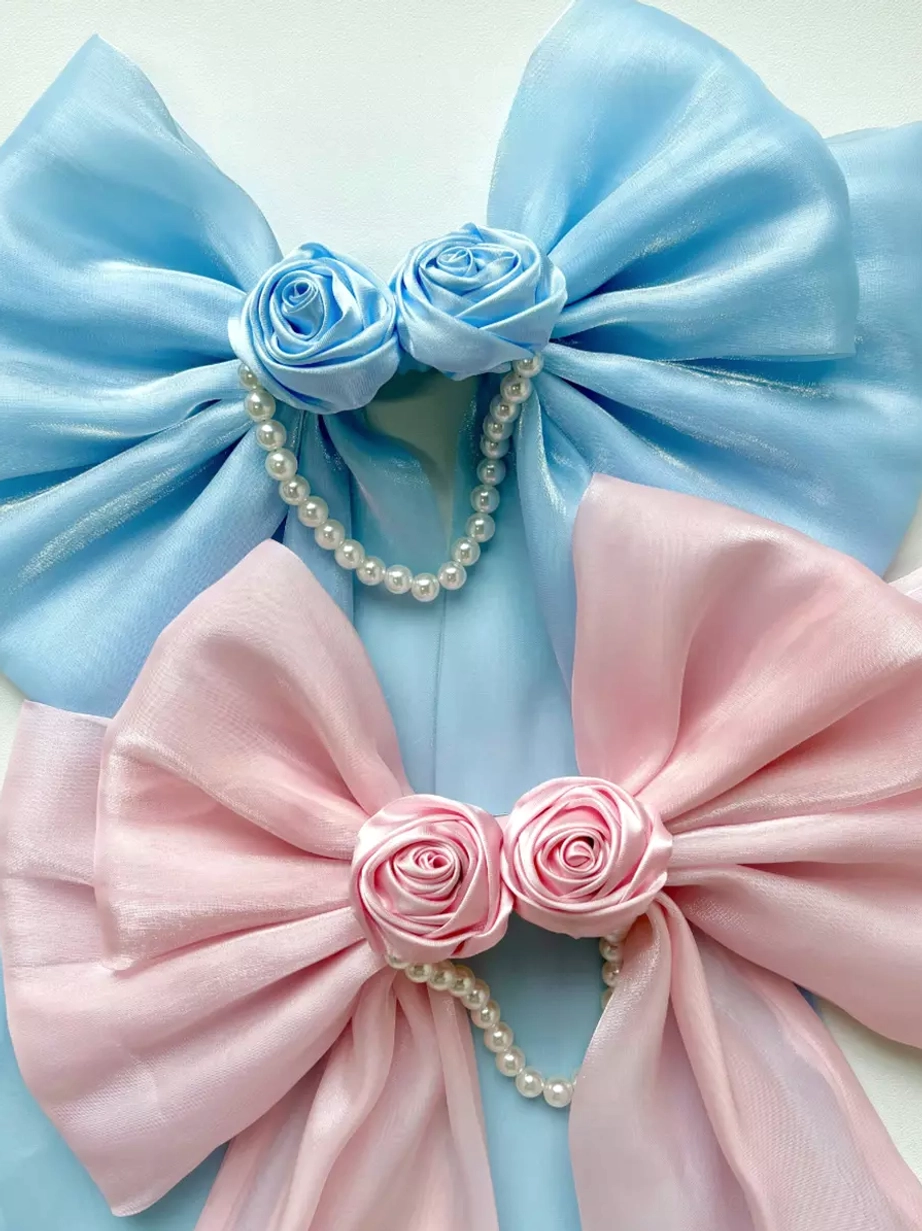 Sweet Lolita bow tail train accessory color comparison sky blue and pink satin options with floral embellishments