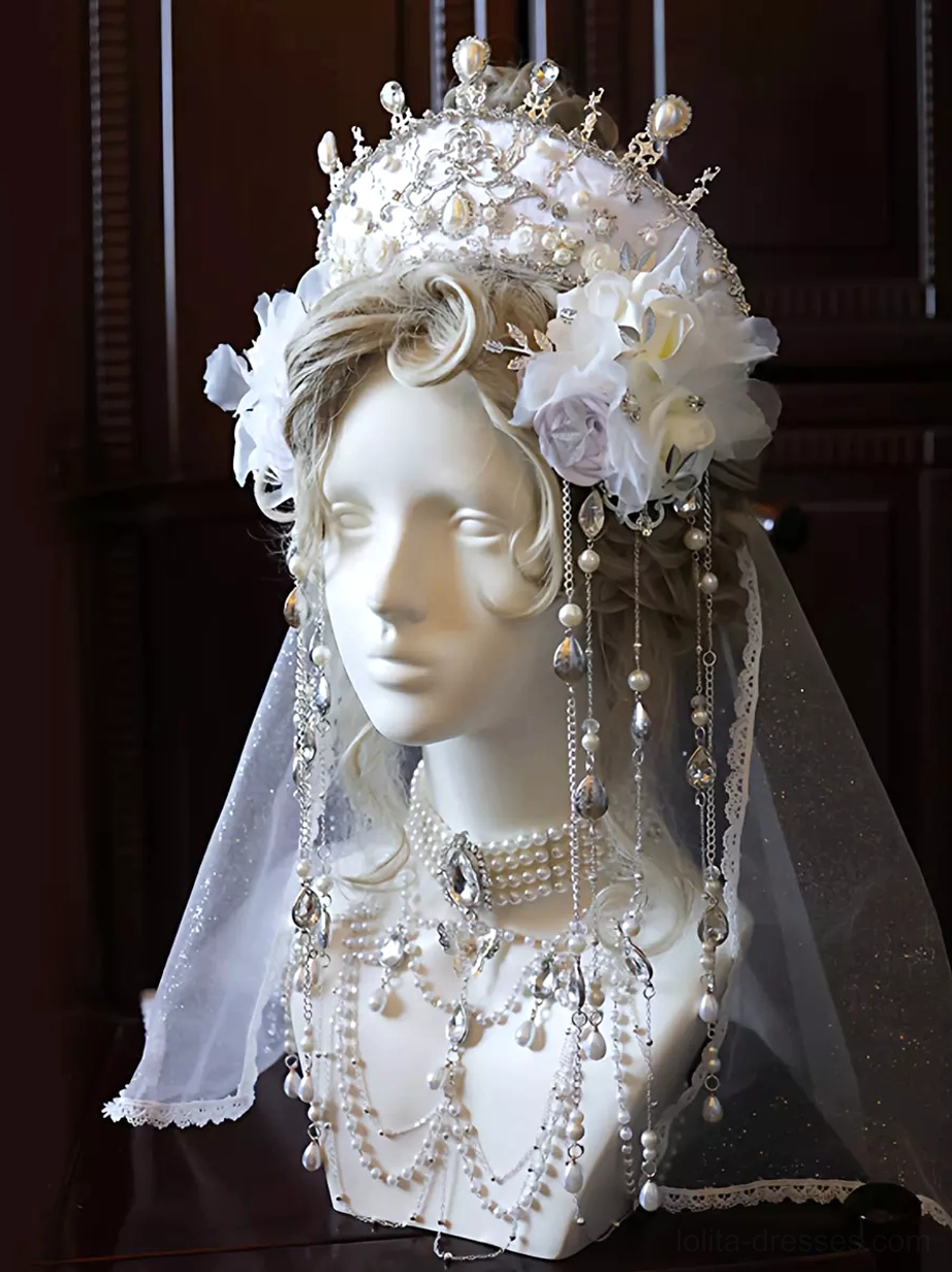 Sweet lolita bridal crown and veil accessory left angle perspective displaying silver crown, floral decorations, pearl and crystal dangle chains, lace-trimmed shimmer veil, and matching pearl jewelry