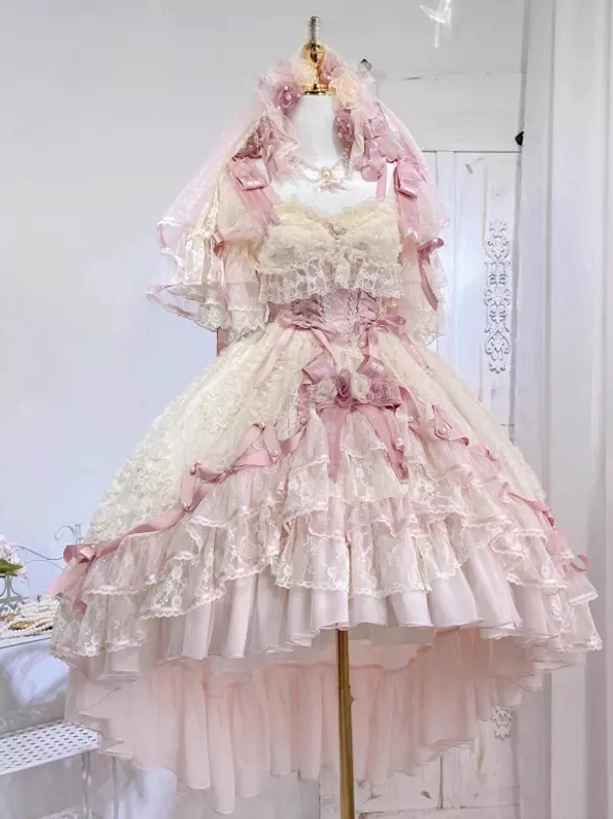 Sweet lolita wedding dress color detail and fabric texture showing cream-pink polyester lace overlay quality material composition