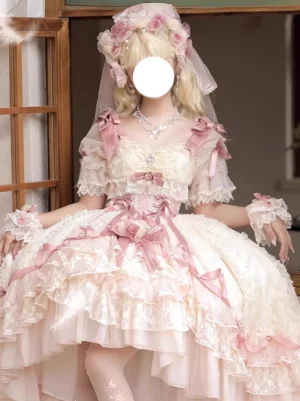 Sweet Lolita bridal wedding dress in cream-pink with layered ruffles seated frontal pose showcasing corset bodice and pink satin bows in vintage interior