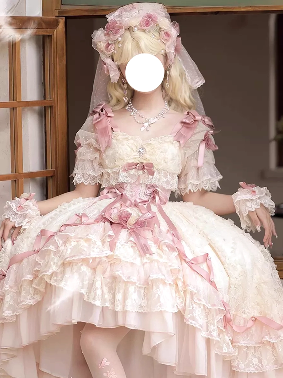 Sweet Lolita bridal wedding dress in cream-pink with layered ruffles seated frontal pose showcasing corset bodice and pink satin bows in vintage interior