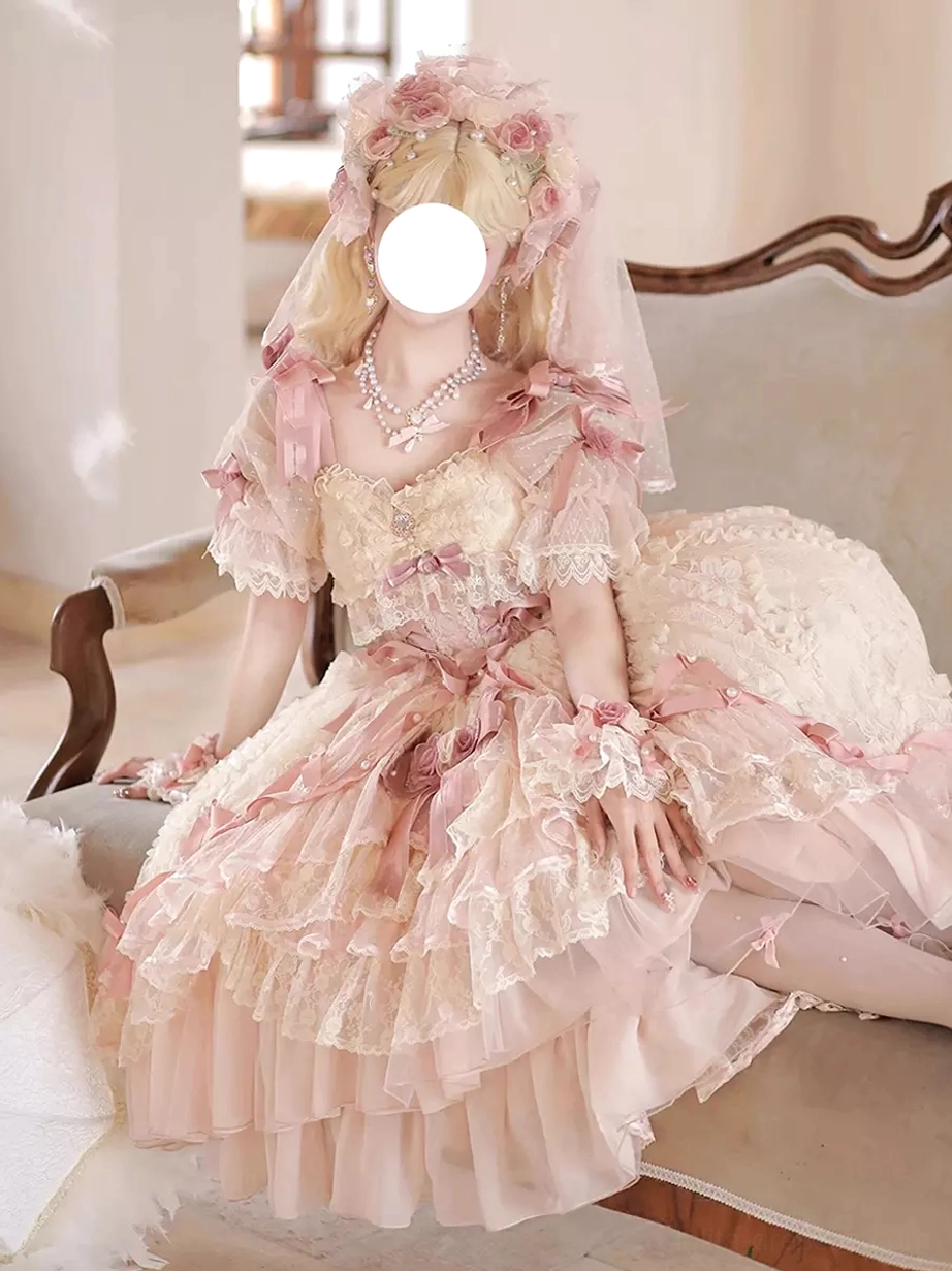 Sweet lolita bridal wedding dress modeled with lace tights mary jane footwear and accessories creating coordinated styled lolita outfit