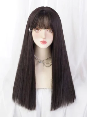 Sweet Lolita long straight brownish black wig with delicate air bangs displayed on mannequin wearing jewelry, front view showing synthetic fiber texture and romantic silhouette