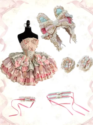 Sweet lolita full outfit coordination with matching pastel pink bunny-ear headdress, ruffled lace chokers, and accessories displayed on dress form with floral background