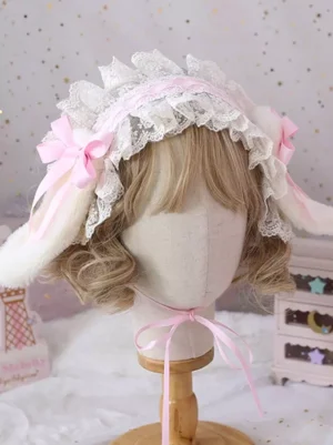 Sweet Lolita bunny ear lace headband pink bow white ruffled lace plush ears mannequin front view