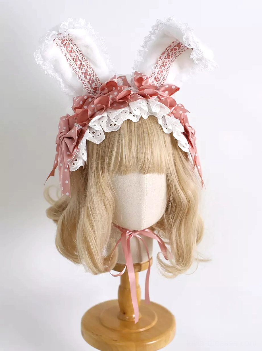 Sweet lolita bunny ear headdress front view with pink ruffled trim and solid pink inner ear details