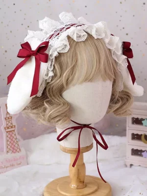 Sweet Lolita bunny ear lace headband wine red burgundy bow white ruffled lace plush ears detail