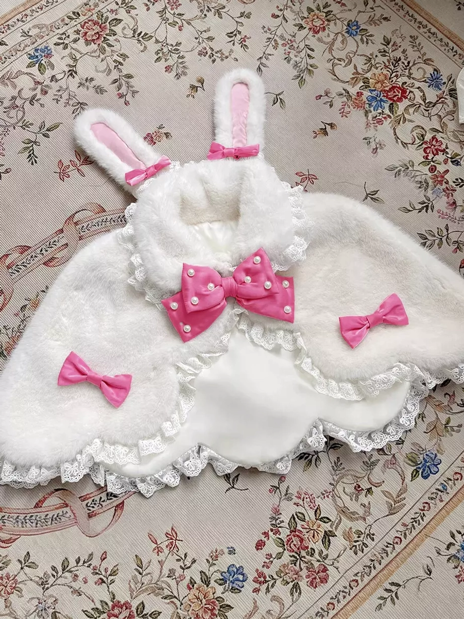 Sweet lolita bunny ear plush cape ensemble full view showing versatile styling options with multiple color coordinations and occasions