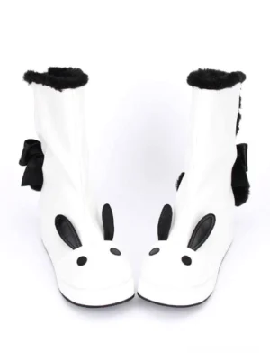 Sweet Lolita bunny ear platform boots front flat view white PU leather with black rabbit ear motifs and bow details