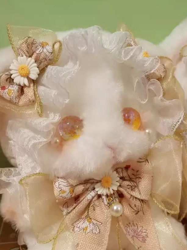 Sweet lolita bunny plush bag showcasing rococo-inspired embellishment details, pearls, and character-driven design aesthetic for fashion enthusiasts